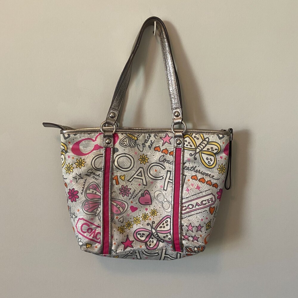 Coach Poppy Butterfly Graffiti Pink Silver Shoulder Bag Y2K Rare #F15712